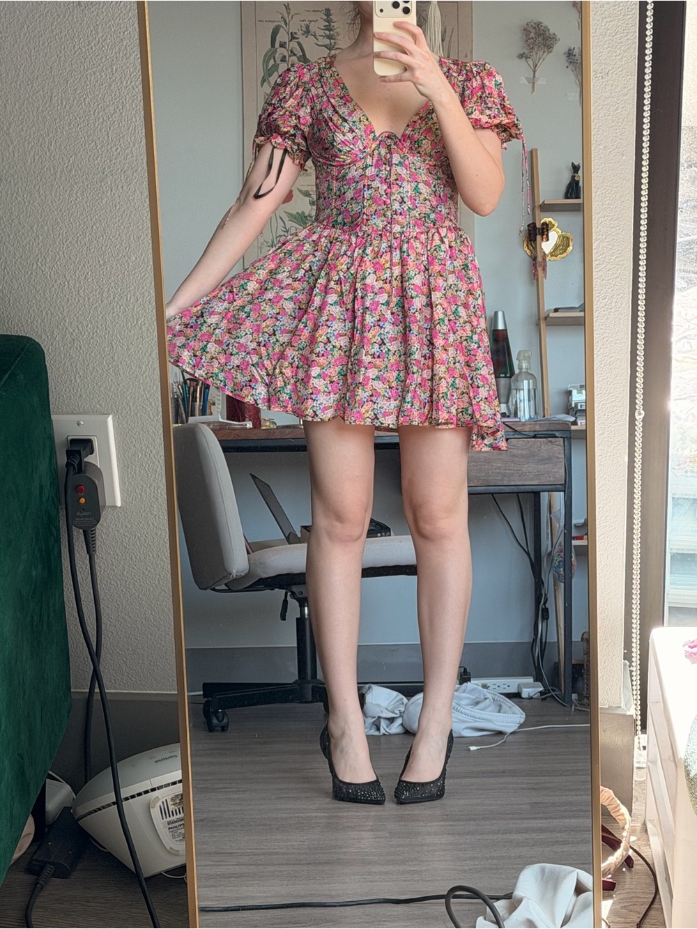For Love & Lemons Pink Floral Puff-Sleeve Mini Dress